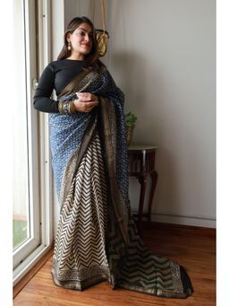 MAAHISHMATI SAREES - Blue Hand-Block Printed Silk By Cotton Saree with Unstitched Blouse