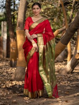 MAAHISHMATI SAREES - Red Handloom Silk By Cotton Saree with Unstitched Blouse