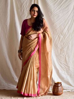 Sundarii - Beige Mehram Tissue Silk Saree with Unstitched Blouse