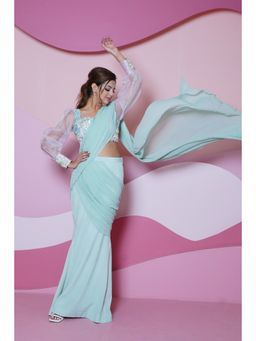 Vedika Soni - Pink Green Pre-Stitched Saree with Stitched Blouse And Petticoat