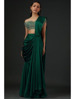 Vedika Soni - Emerald Green Satin Draped Saree with Stitched Blouse And Petticoat