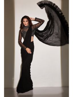 Vedika Soni - Black Pre-Stitched Embroidered Saree with Stitched Blouse And Petticoat
