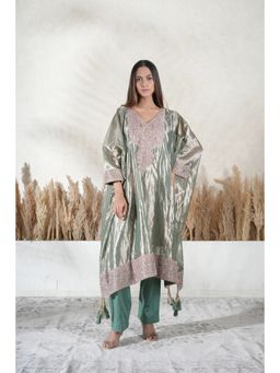Vedika Soni - Metallic Green Embroidered Kaftan With Slip And Pant