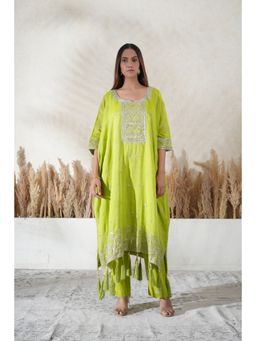 Vedika Soni - Neon Lime Green Embroidered Kaftan With Slip And Pant