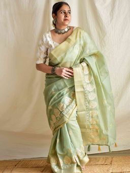 Sundarii - Green Moti Embroidered Saree with Unstitched Blouse