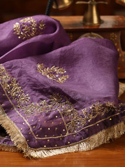 WeaverStory - Purple Embroidered Zardozi Borders Dupatta