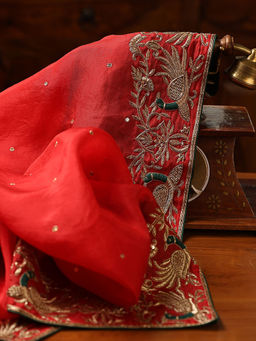 WeaverStory - Red Embroidered Zardozi Border Dupatta