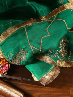 WeaverStory - Verdian Green Embroidered Gota Work Dupatta