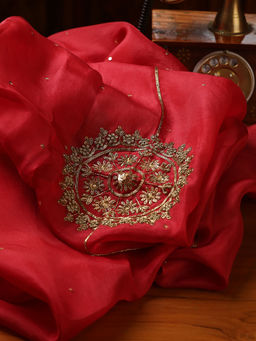 WeaverStory - Red Embroidered Zardozi Dupatta