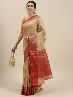 Sangam Prints - Beige Linen Woven Work Saree with Unstitched Blouse with Unstitched