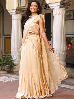 Lavanya The Label - Cream Ruffle Saree With Jacket with Stitched Blouse