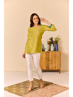 Old Marigold - Aayna Green Muslin Hand Embroidered Short Chikankari Kurti