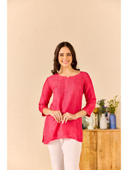 Old Marigold - Arabella Hot Pink Muslin Hand Embroidered Short Chikankari Kurti
