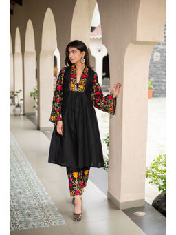 Label Shaurya Sanadhya - Black Floral Anarkali Kurta with Pant