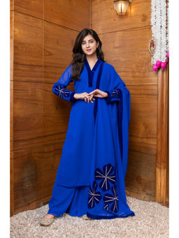 Label Shaurya Sanadhya - Electric Blue Floral Patchwork Kurta with Palazzo and Dupatta