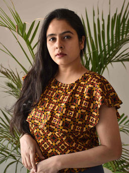 Sundarii - Sparkle Yellow Ajrakh Mashru Silk Stitched Blouse