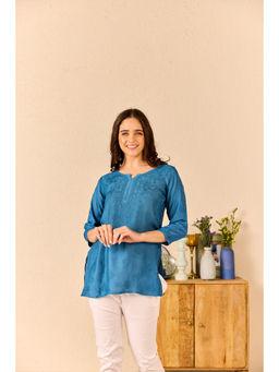 Old Marigold - Marissa Teal Muslin Hand Embroidered Short Chikankari Kurti