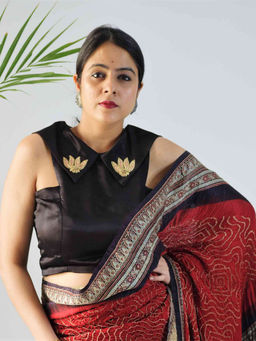 Sundarii - Black Mashru Silk Stitched Blouse With Front Embroidery