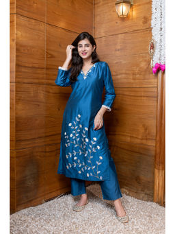 Label Shaurya Sanadhya - Floral Blue Embroidered Kurta with Pant
