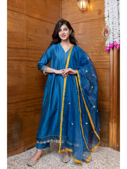 Label Shaurya Sanadhya - Blue Mustard Embroidered Kurta with Pant and Dupatta