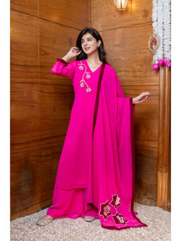 Label Shaurya Sanadhya - Rani Pink 3D Embroidered Kurta with Palazzo and Dupatta