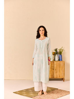 Old Marigold - Saanjh Chanderi Hand Embroidered Chikankari Blue Kurta