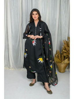 Label Shaurya Sanadhya - Black Hand Painted Straight Kurta with Palazzo and Dupatta