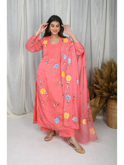 Label Shaurya Sanadhya - Light Peach Embroidered Hand Painted Kurta with Palazzo and Dupatta