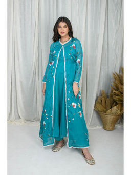 Label Shaurya Sanadhya - Teal Blue Hand Painted Anarkali Kurta with Pant and Jacket