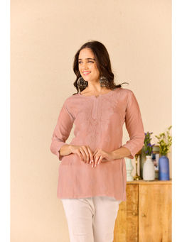 Old Marigold - Zuhair Mauve Muslin Hand Embroidered Short Chikankari Kurti