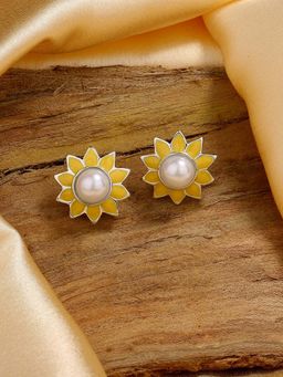 Estele - Rhodium Plated Pretty Pearl Stud Earrings with Yellow Enamel for Women