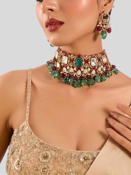 Auraa Trends - Royal Kundan Choker Necklace Set with Green and Ruby Beads