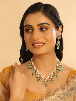 Nuyug - 22K Gold Plated Pearl Empress Flora Green and White Stone Drops Necklace Set