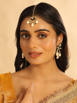 Nuyug - 22K Gold Plated Ruby and White Grace Earrings with Maangtikka