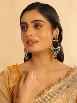 Nuyug - 22K Gold Plated Crescent Kundan Drop Red, Green and White Stone Chandbali Earrings
