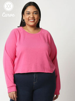 Twenty Dresses by Nykaa Fashion - Curve Candy Pink Solid Crew Neck Basics Sweatshirt