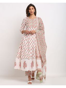 Rajnandini - White Pink Pure Cambric Cotton Floral Printed Kurta With Dupatta (Set of 3)