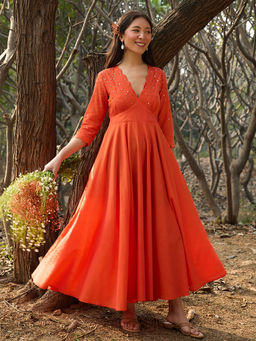 Okhai - Kanak Hand-Embroidery & Mirrorwork Pure Cotton Orange Dress