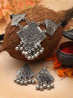 Moedbuille - Silver Plated Oxidised Necklace with Pair Of Earrings