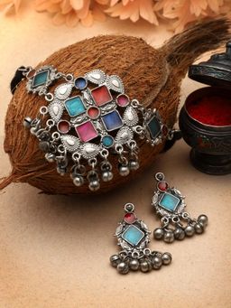 Moedbuille - Multi-Color Silver Plated Meenakari Necklace with Pair Of Earrings