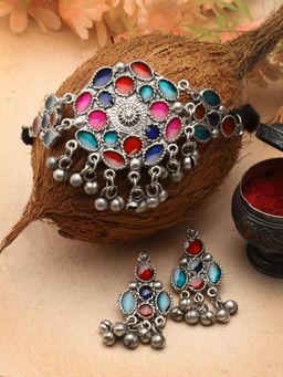 Moedbuille - Multi-Color Silver Plated Meenakari Necklace with Pair Of Earrings
