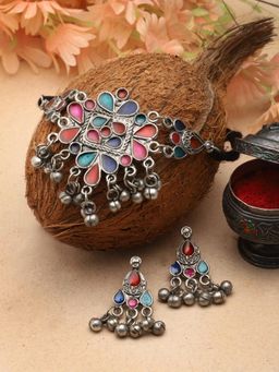 Moedbuille - Multi-Color Silver Plated Meenakari Necklace with Pair Of Earrings