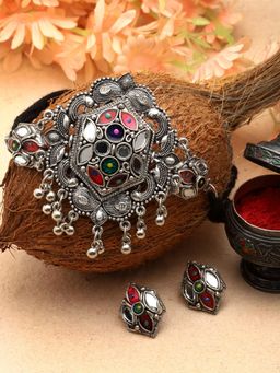 Moedbuille - Multi-Color Silver Plated Meenakari Necklace with Pair Of Earrings