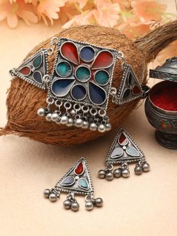 Moedbuille - Multi-Color Silver Plated Meenakari Necklace with Pair Of Earrings