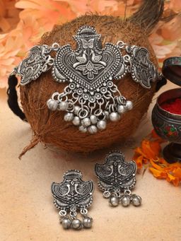 Moedbuille - Silver Plated Oxidised Necklace with Pair Of Earrings