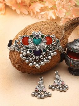 Moedbuille - Multi-Color Silver Plated Meenakari Necklace with Pair Of Earrings