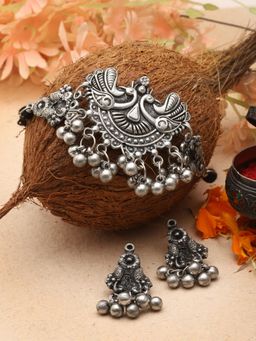 Moedbuille - Silver Plated Oxidised Necklace with Pair Of Earrings