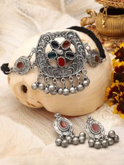 Moedbuille - Multi-Color Silver Plated Meenakari Necklace with Pair Of Earrings