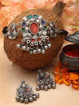 Moedbuille - Multi-Color Silver Plated Meenakari Necklace with Pair Of Earrings