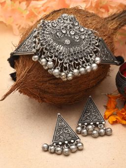 Moedbuille - White Silver Plated Oxidised Necklace with Pair Of Earrings